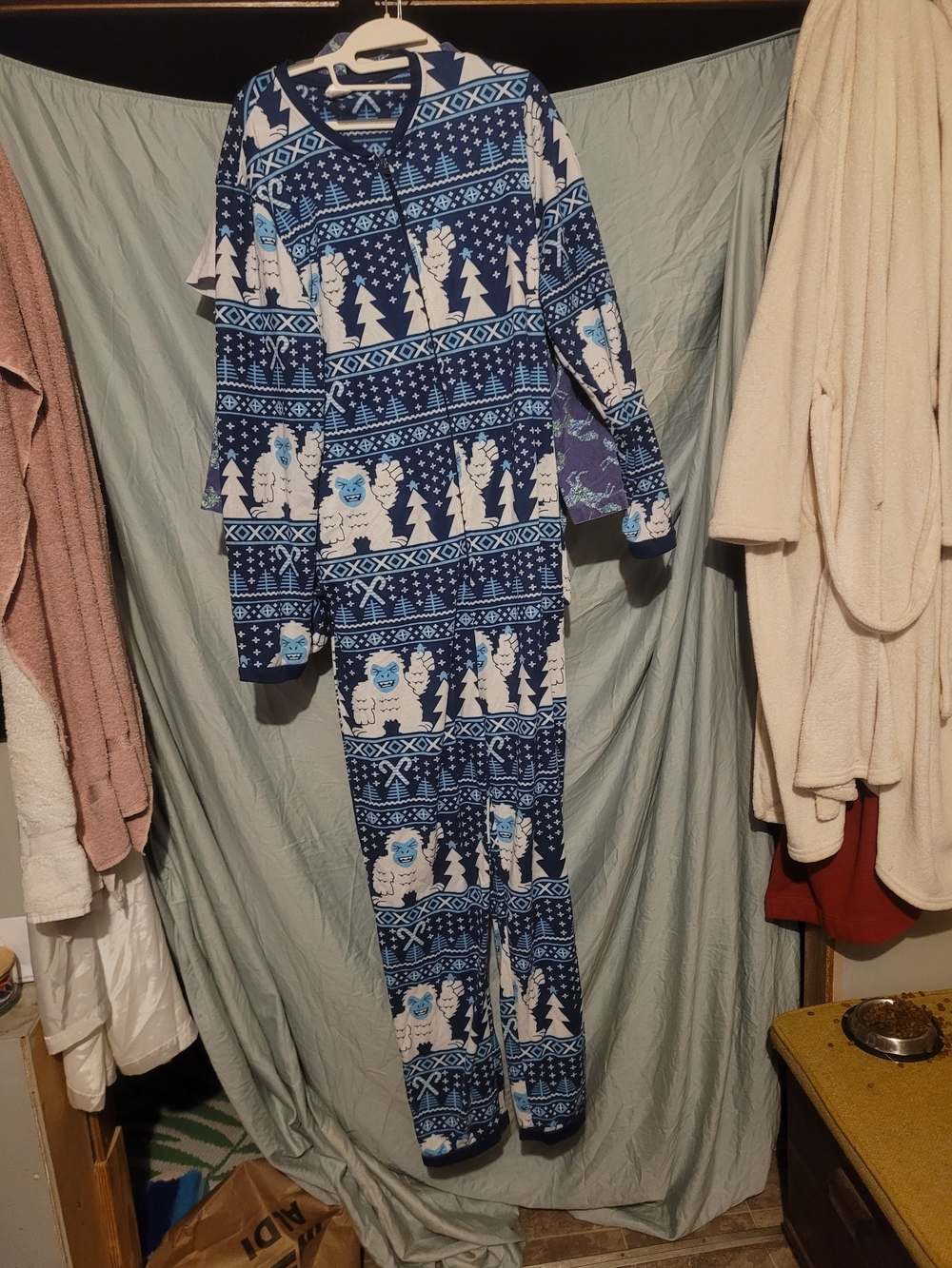 Blue Holiday Men's One-Piece Pajama with Winter Yeti Print